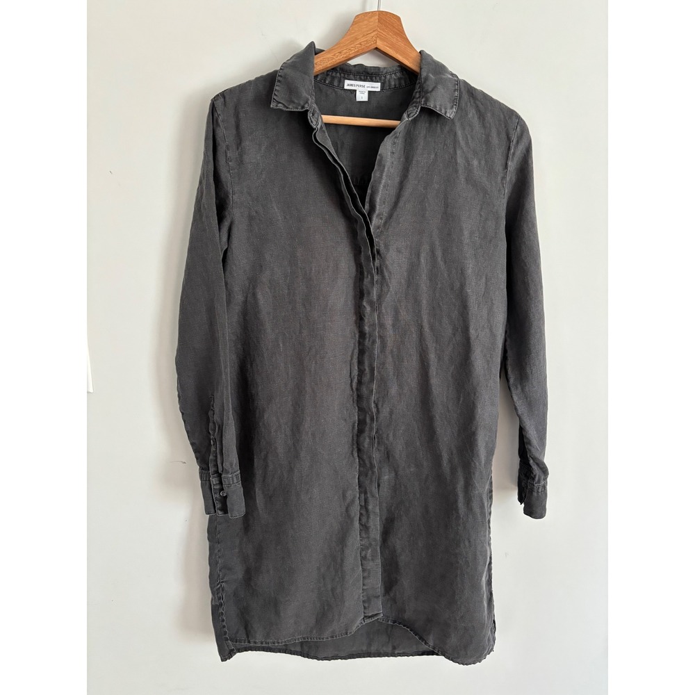 James Perse Gray 100% Linen Button Front Long Sleeve Shirt Dress  Size 1 small